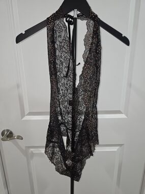 Black Lace Halter Romper with Gold Detail